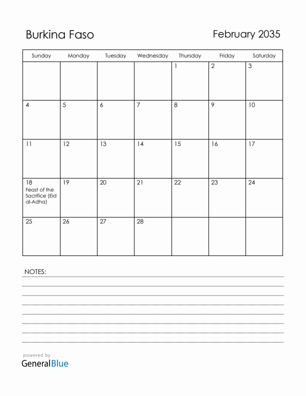 February 2035 Burkina Faso Calendar with Holidays (Sunday Start)