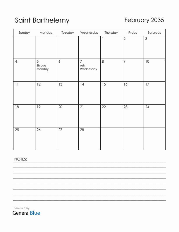 February 2035 Saint Barthelemy Calendar with Holidays (Sunday Start)