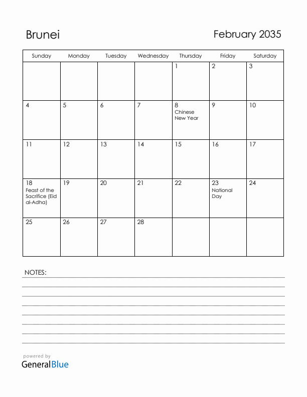 February 2035 Brunei Calendar with Holidays (Sunday Start)
