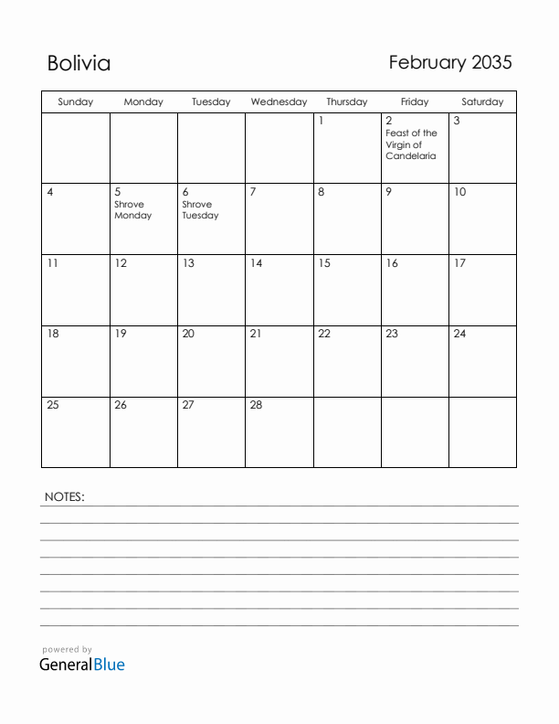 February 2035 Bolivia Calendar with Holidays (Sunday Start)