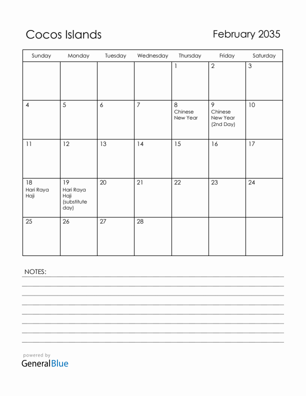 February 2035 Cocos Islands Calendar with Holidays (Sunday Start)