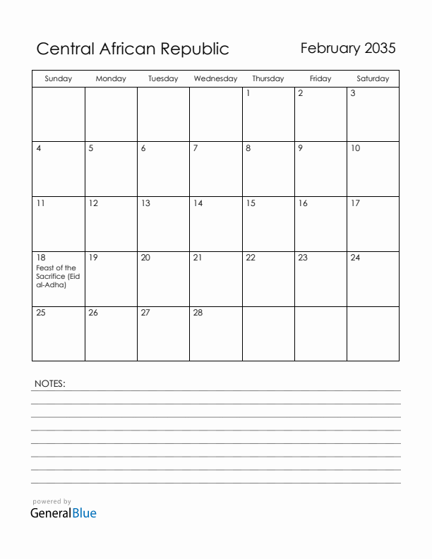 February 2035 Central African Republic Calendar with Holidays (Sunday Start)