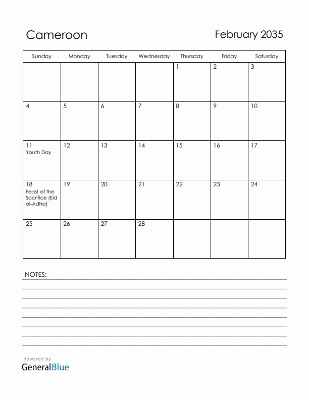 February 2035 Cameroon Calendar with Holidays (Sunday Start)