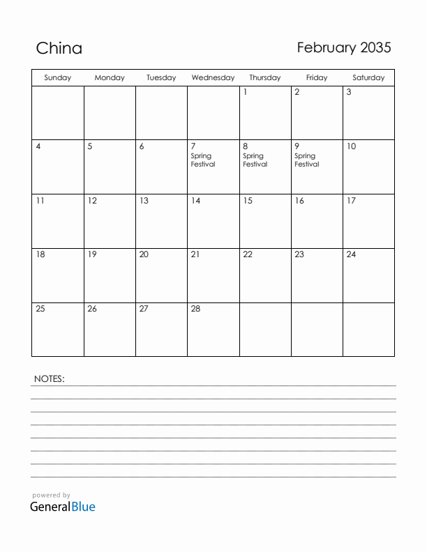 February 2035 China Calendar with Holidays (Sunday Start)