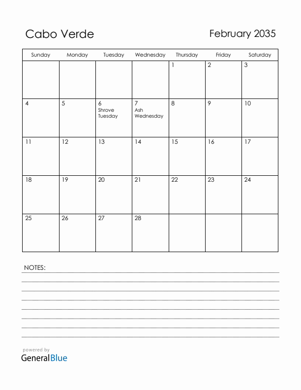 February 2035 Cabo Verde Calendar with Holidays (Sunday Start)