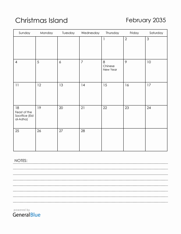 February 2035 Christmas Island Calendar with Holidays (Sunday Start)