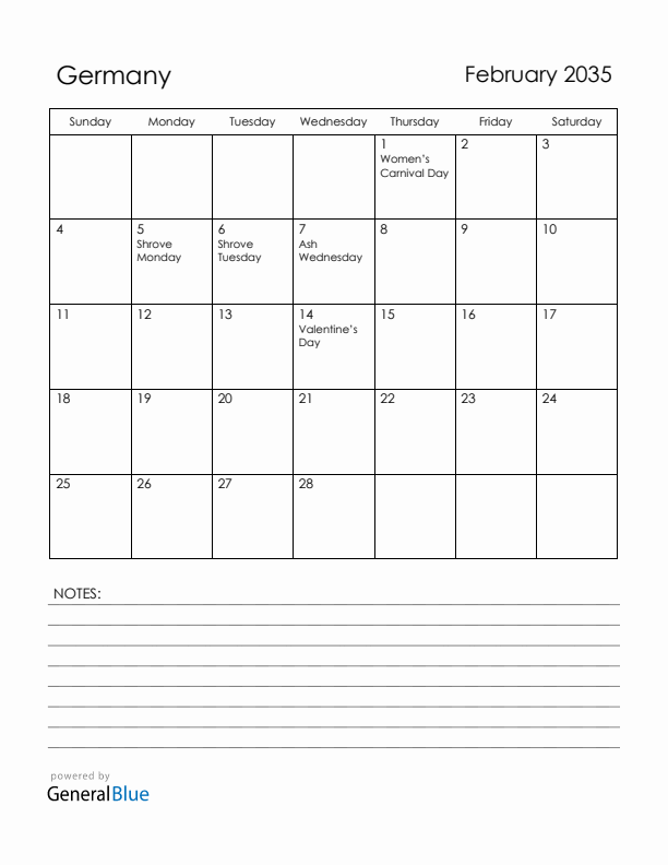 February 2035 Germany Calendar with Holidays (Sunday Start)