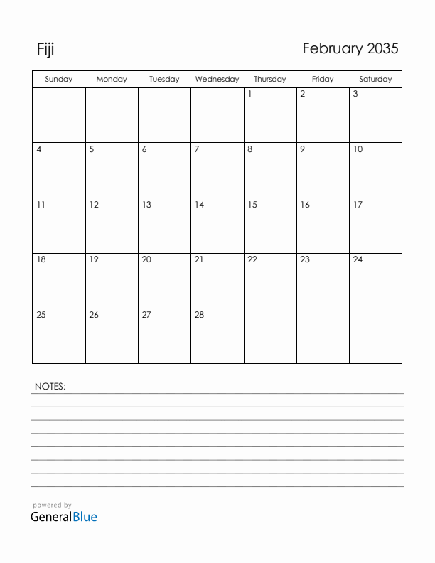 February 2035 Fiji Calendar with Holidays (Sunday Start)