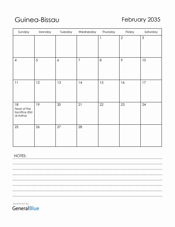 February 2035 Guinea-Bissau Calendar with Holidays (Sunday Start)