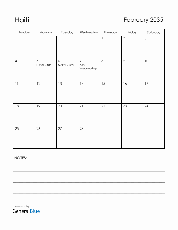 February 2035 Haiti Calendar with Holidays (Sunday Start)