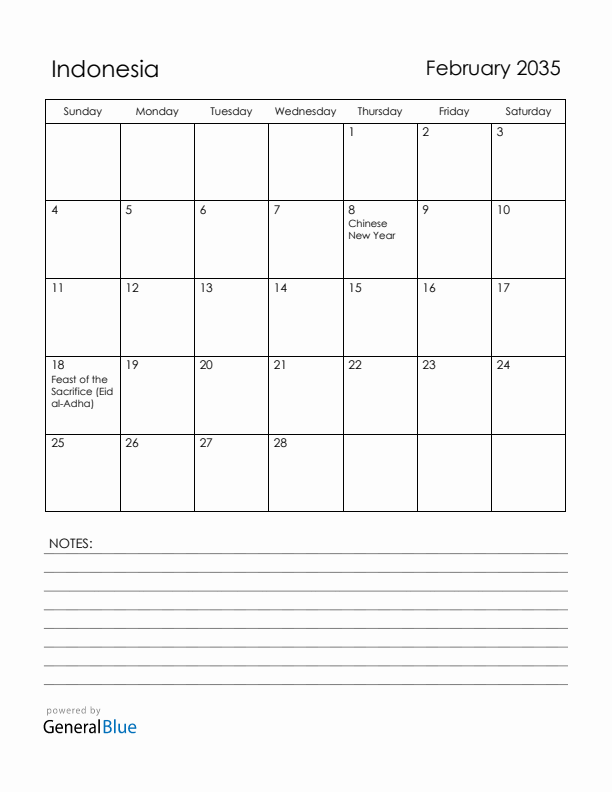 February 2035 Indonesia Calendar with Holidays (Sunday Start)
