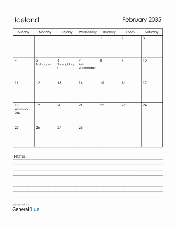 February 2035 Iceland Calendar with Holidays (Sunday Start)