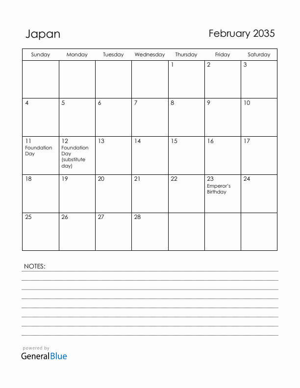 February 2035 Japan Calendar with Holidays (Sunday Start)