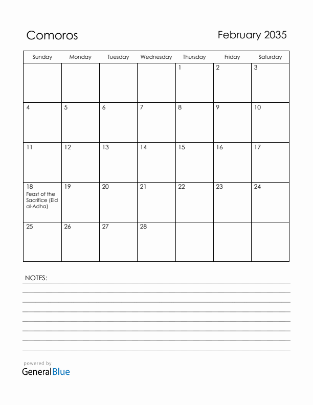 February 2035 Comoros Calendar with Holidays (Sunday Start)