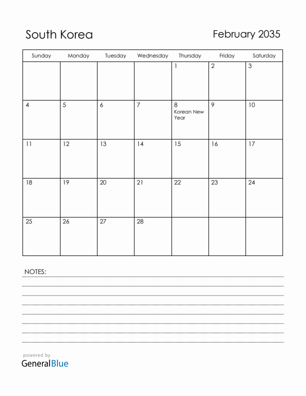 February 2035 South Korea Calendar with Holidays (Sunday Start)