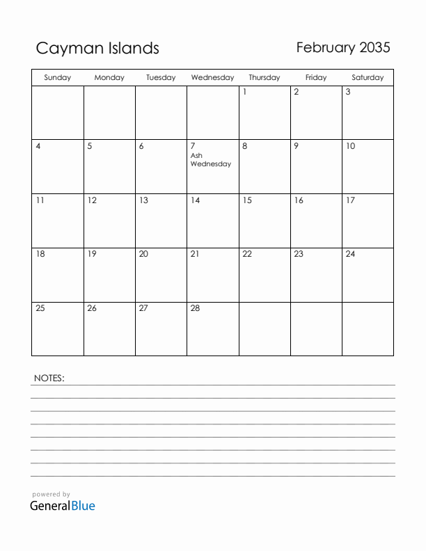 February 2035 Cayman Islands Calendar with Holidays (Sunday Start)