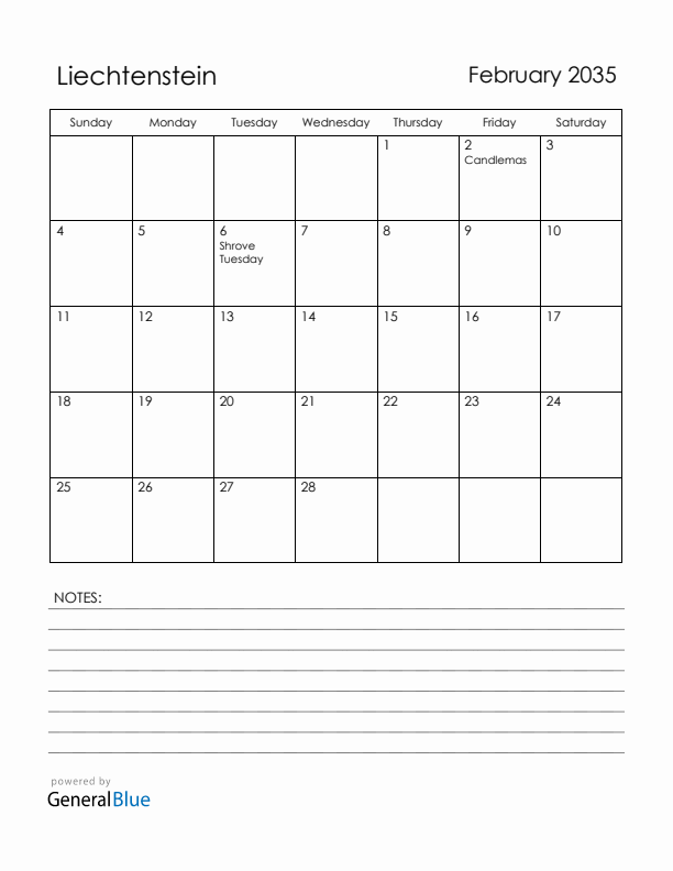 February 2035 Liechtenstein Calendar with Holidays (Sunday Start)
