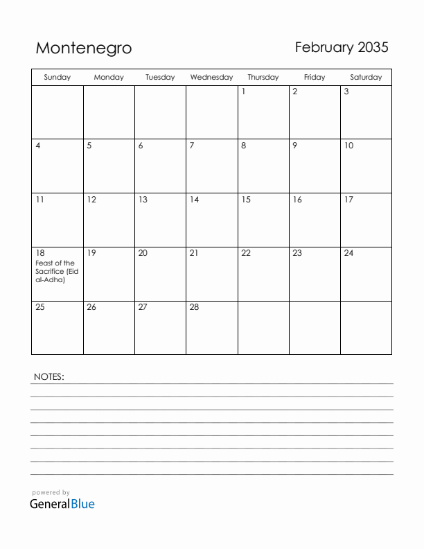 February 2035 Montenegro Calendar with Holidays (Sunday Start)