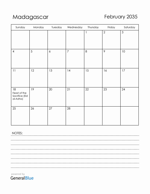 February 2035 Madagascar Calendar with Holidays (Sunday Start)
