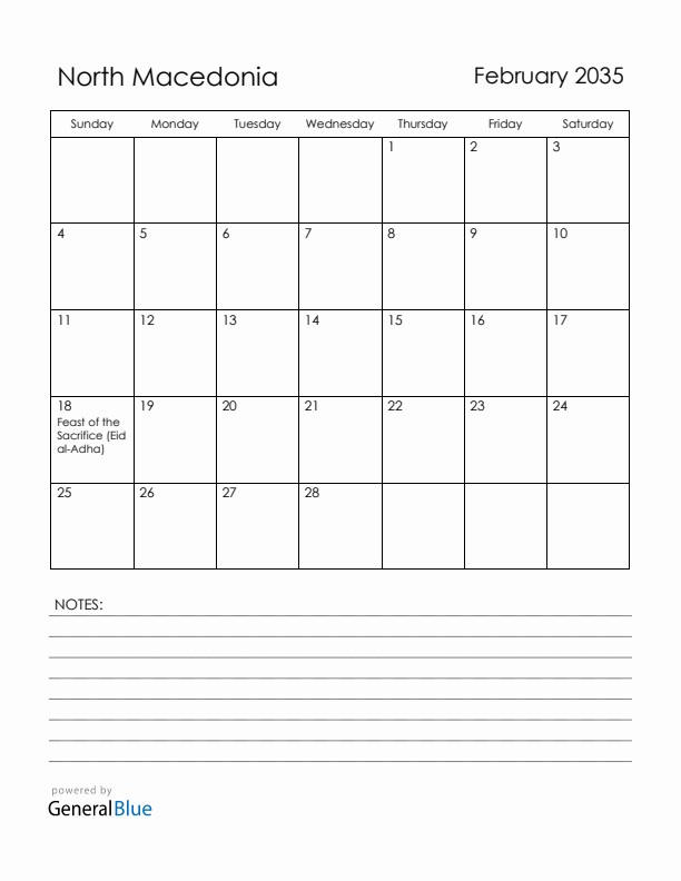 February 2035 North Macedonia Calendar with Holidays (Sunday Start)
