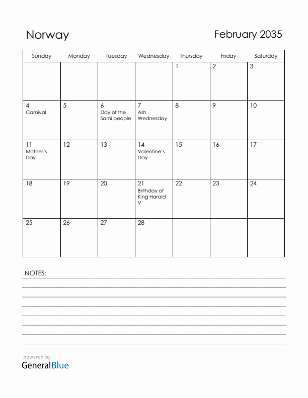 February 2035 Norway Calendar with Holidays (Sunday Start)