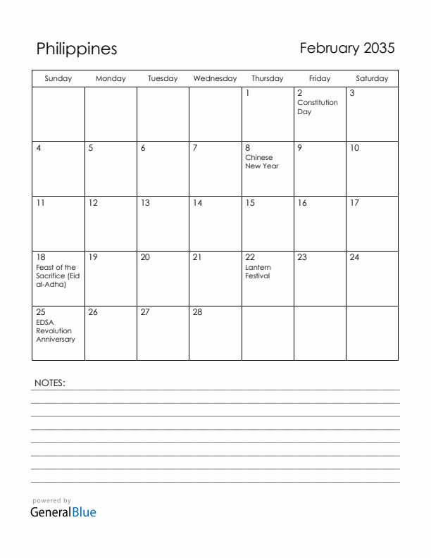 February 2035 Philippines Calendar with Holidays (Sunday Start)