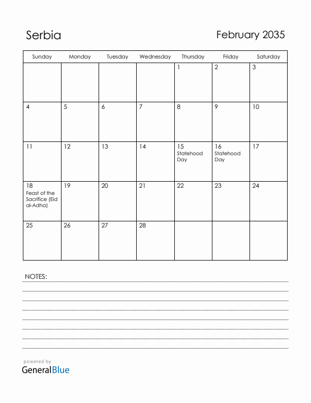 February 2035 Serbia Calendar with Holidays (Sunday Start)