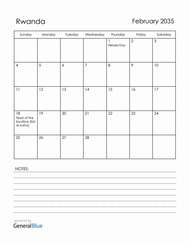February 2035 Rwanda Calendar with Holidays (Sunday Start)
