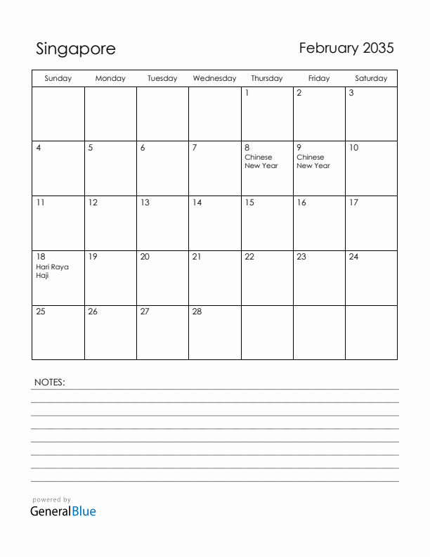 February 2035 Singapore Calendar with Holidays (Sunday Start)