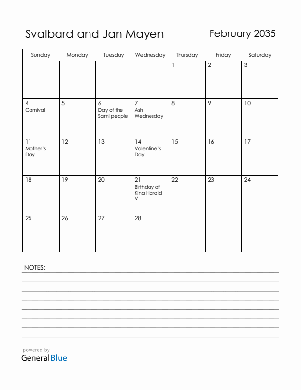 February 2035 Svalbard and Jan Mayen Calendar with Holidays (Sunday Start)
