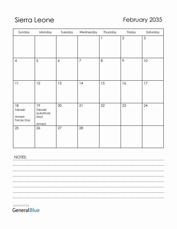 February 2035 Sierra Leone Calendar with Holidays (Sunday Start)