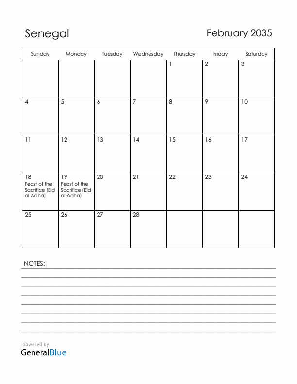 February 2035 Senegal Calendar with Holidays (Sunday Start)