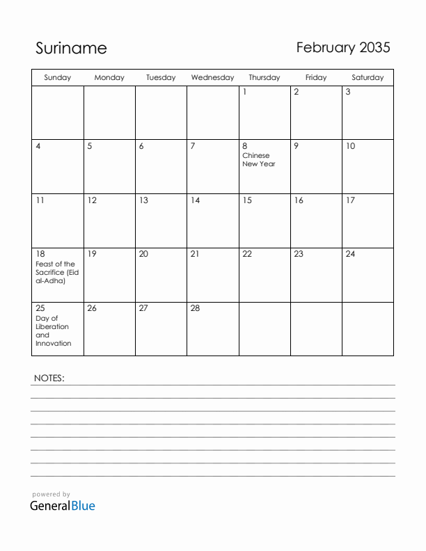 February 2035 Suriname Calendar with Holidays (Sunday Start)