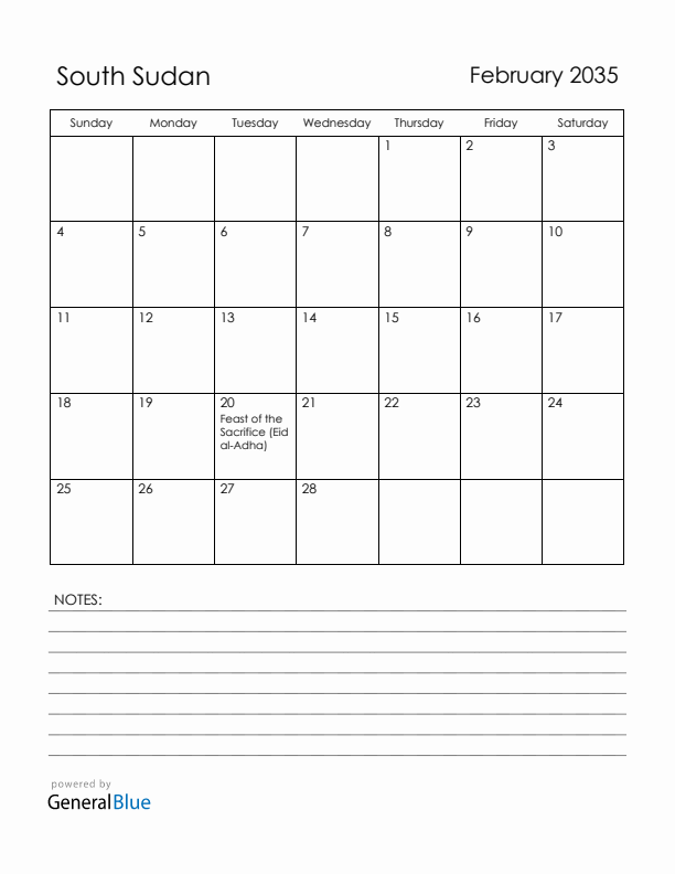 February 2035 South Sudan Calendar with Holidays (Sunday Start)