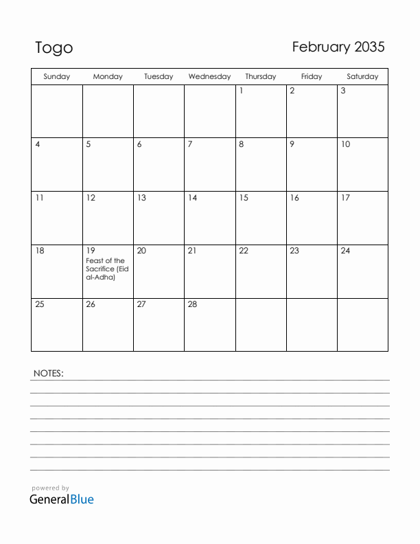 February 2035 Togo Calendar with Holidays (Sunday Start)
