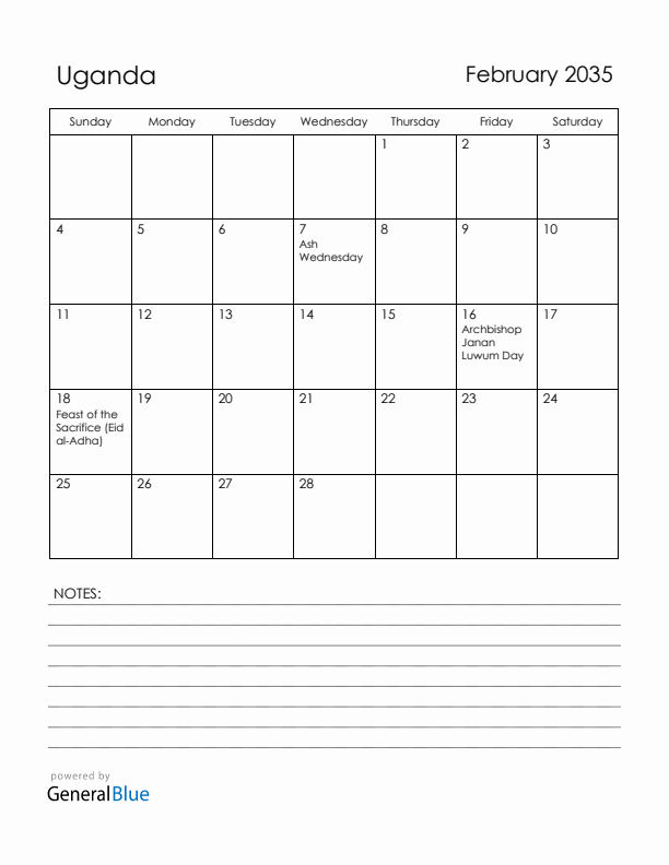 February 2035 Uganda Calendar with Holidays (Sunday Start)