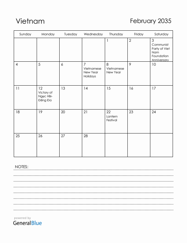 February 2035 Vietnam Calendar with Holidays (Sunday Start)