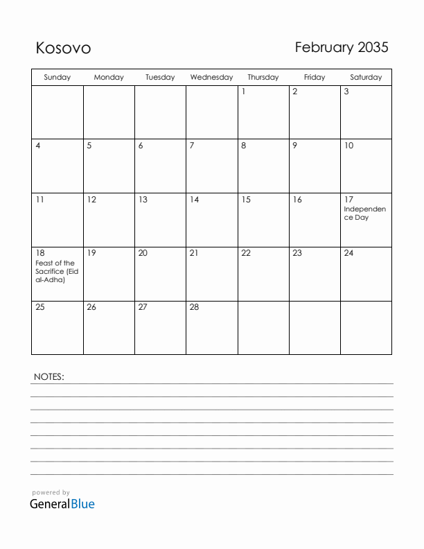 February 2035 Kosovo Calendar with Holidays (Sunday Start)