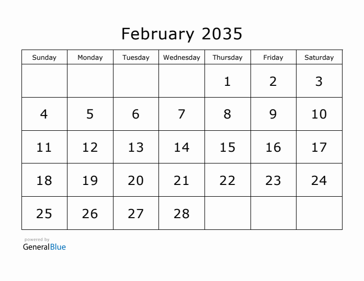 Printable February 2035 Calendar - Sunday Start