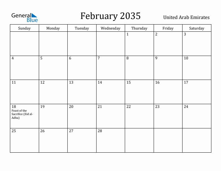 February 2035 Calendar United Arab Emirates