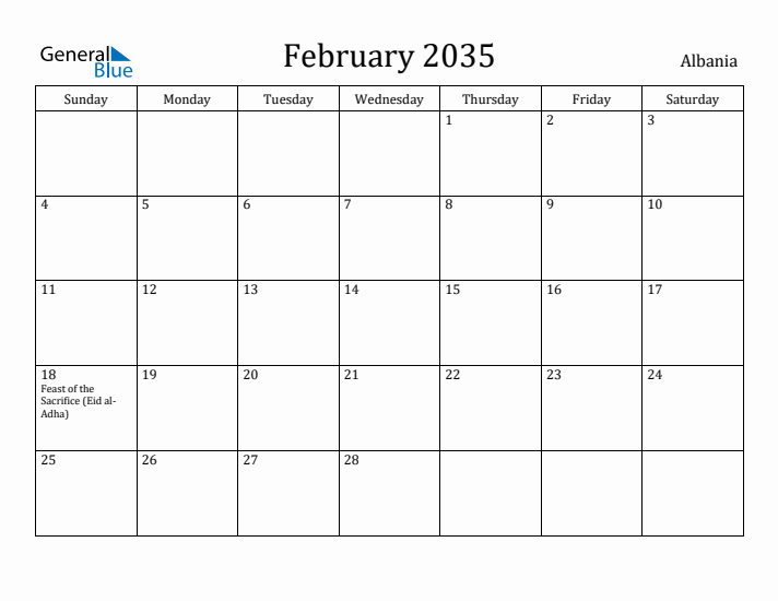 February 2035 Calendar Albania