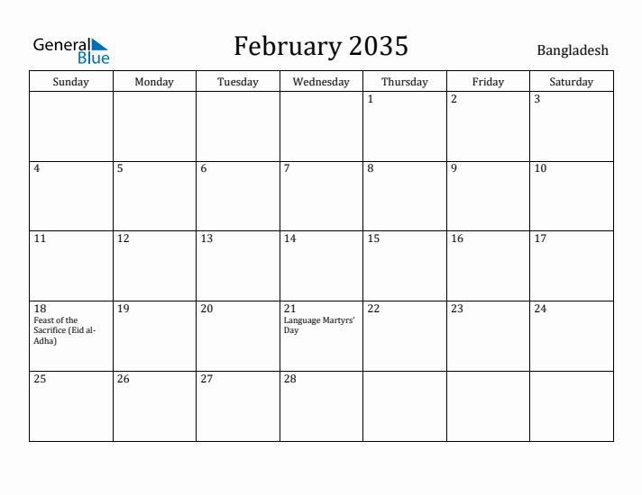 February 2035 Calendar Bangladesh