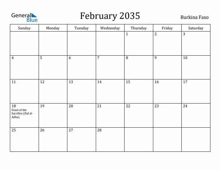 February 2035 Calendar Burkina Faso
