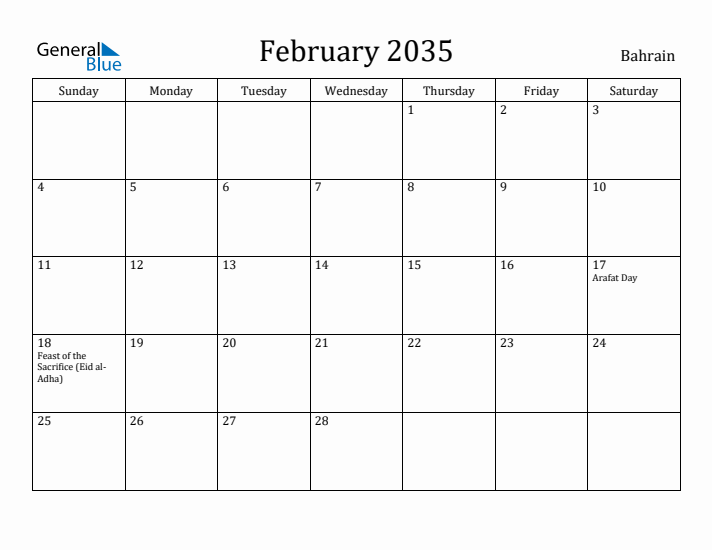 February 2035 Calendar Bahrain