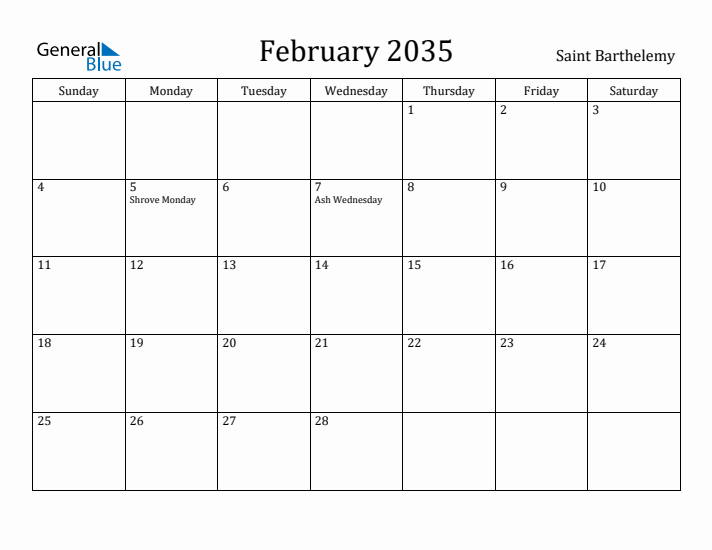 February 2035 Calendar Saint Barthelemy