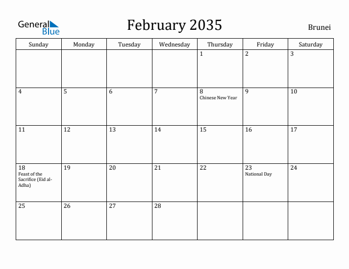 February 2035 Calendar Brunei