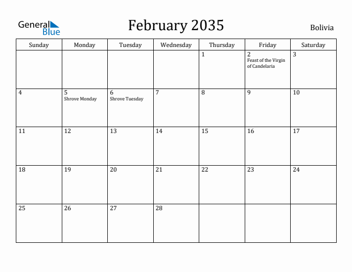 February 2035 Calendar Bolivia