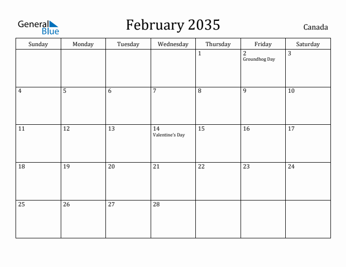 February 2035 Calendar Canada