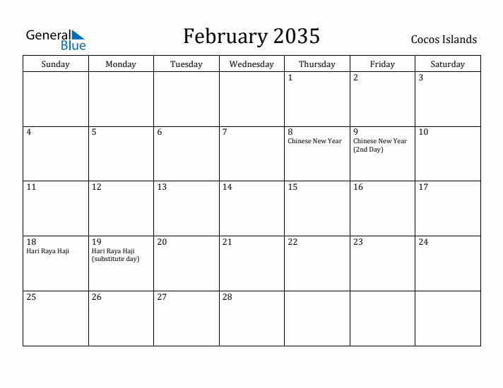 February 2035 Calendar Cocos Islands
