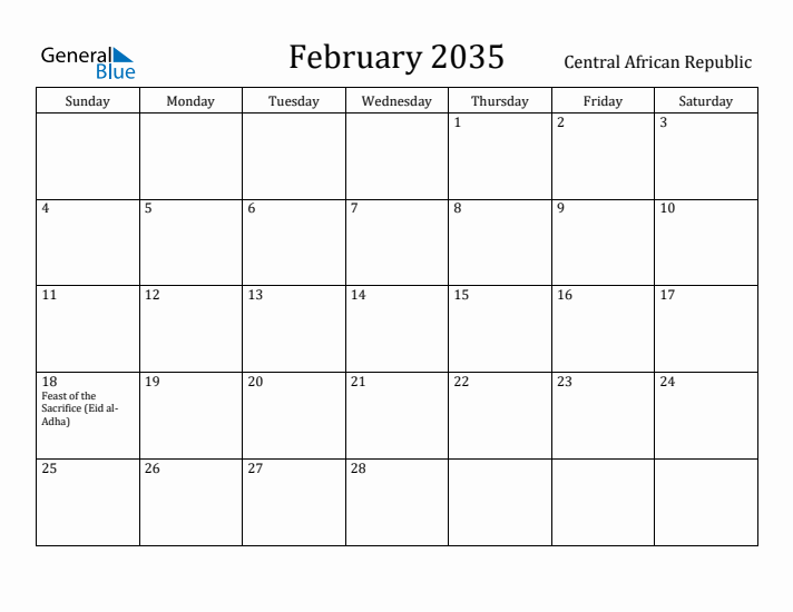 February 2035 Calendar Central African Republic
